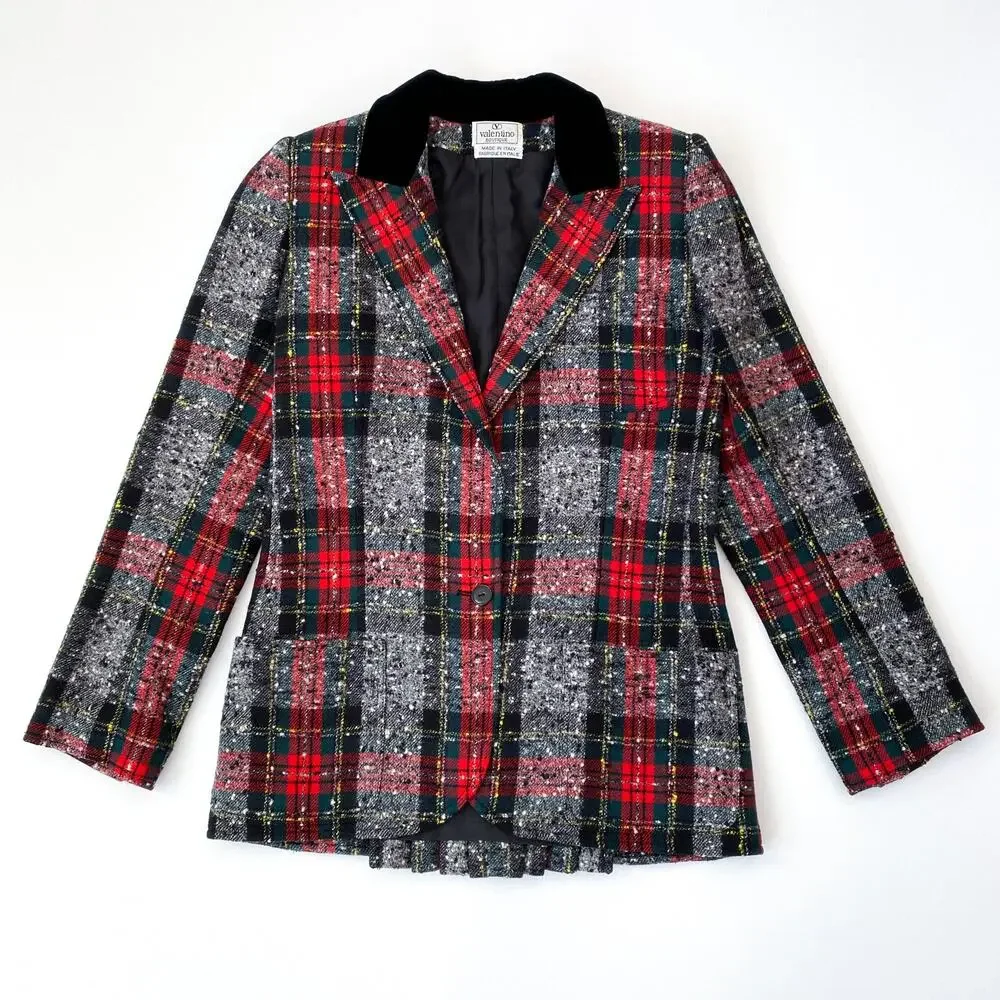 Valentino Vintage Plaid Wool Blazer Women’s Size 8 Checkered Jacket Button Front